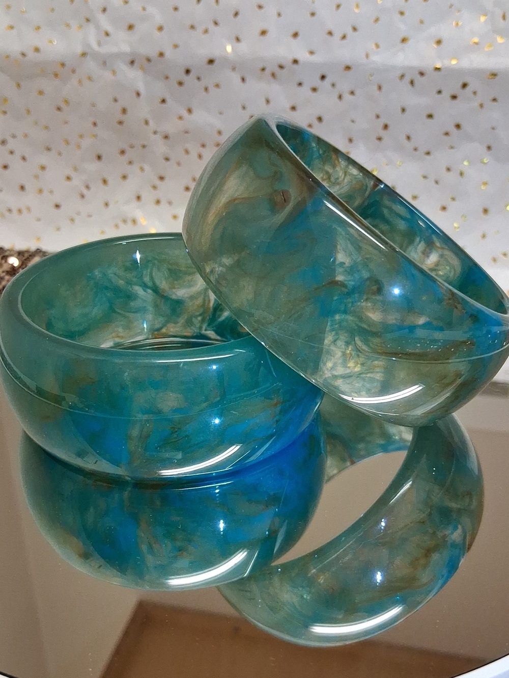 2 Marbled Teal Resin Bangle Bracelets Muted Teal Blue and Green Swirl